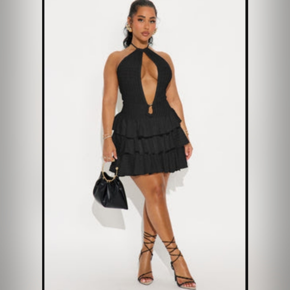 Fashion Nova Black Halter Tiered Ruffle Mini Dress